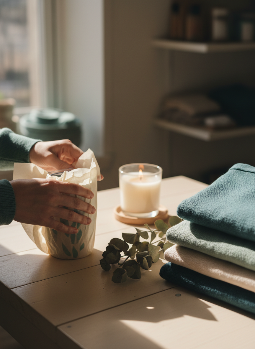 Hands wrapping a custom tumbler in tissue paper on a cozy boutique table with candle and dried greenery